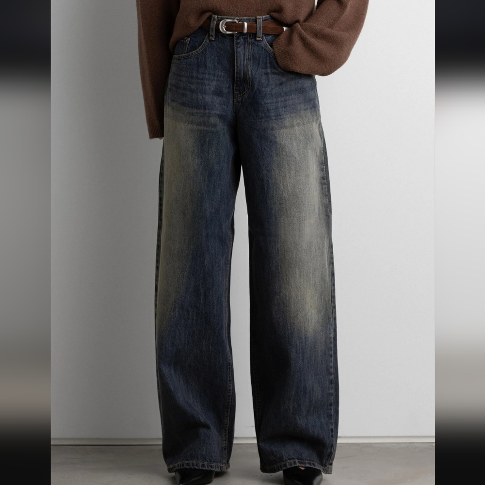 NWOT Oak + Fort Jeans Mid-Rise Curved Leg Dark Wash Denim Pants Medium Baggy - Picture 3 of 9